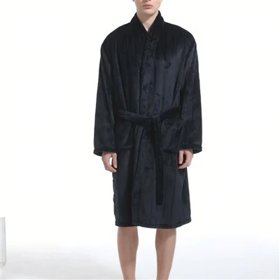 Luxury Men Vertical Stripe Fleece Bath Robe Soft Warm Shawl Collar Nightgown With Side Pockets