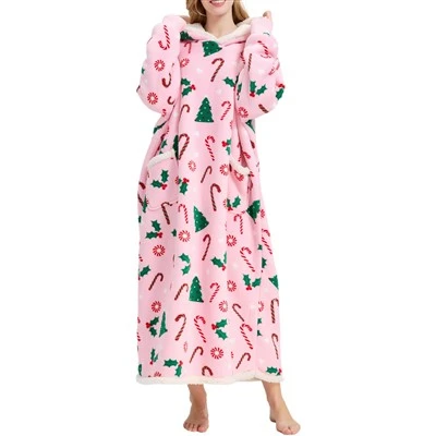 Pink Christmas Candy Cane Tree Print Sherpa Fleece Long Cozy Warm Hooded Blanket Sweatshirt For Women Winter Gift
