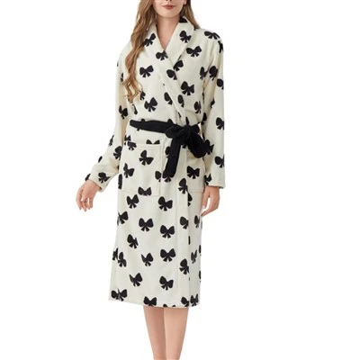 Wholesale Women Bow Print Flannel Bathrobe, Soft Coral Fleece Long Sleep Robe With Pockets, Factory Custom Logo Loungewear