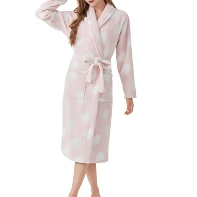 Wholesale Women Pink White Heart Print Flannel Bathrobe